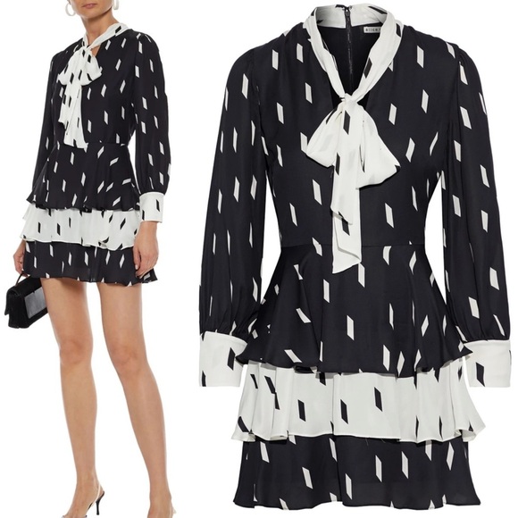 Alice + Olivia Dasha Bow Tie Tiered Printed Crepe Mini Dress - Size 2 - Picture 2 of 7